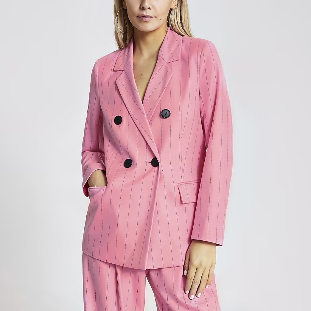 Petite pink pinstripe double breasted blazer | River Island (UK & IE)