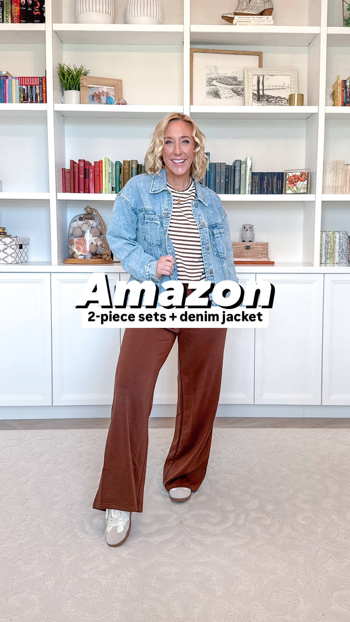 2-piece sets from Amazon (and 1 jean jacket):
1. Striped top and pants set - size small. (Coffee)
2. Cap sleeve polo top and pant set - size small. (Army green)
3. Sleeveless polo top and pant set - size small. (Grey blue)
4. Denim jacket - size small. Oversized fit. (Light denim blue)


#LTKWatchNow #LTKOver40 #LTKSeasonal
