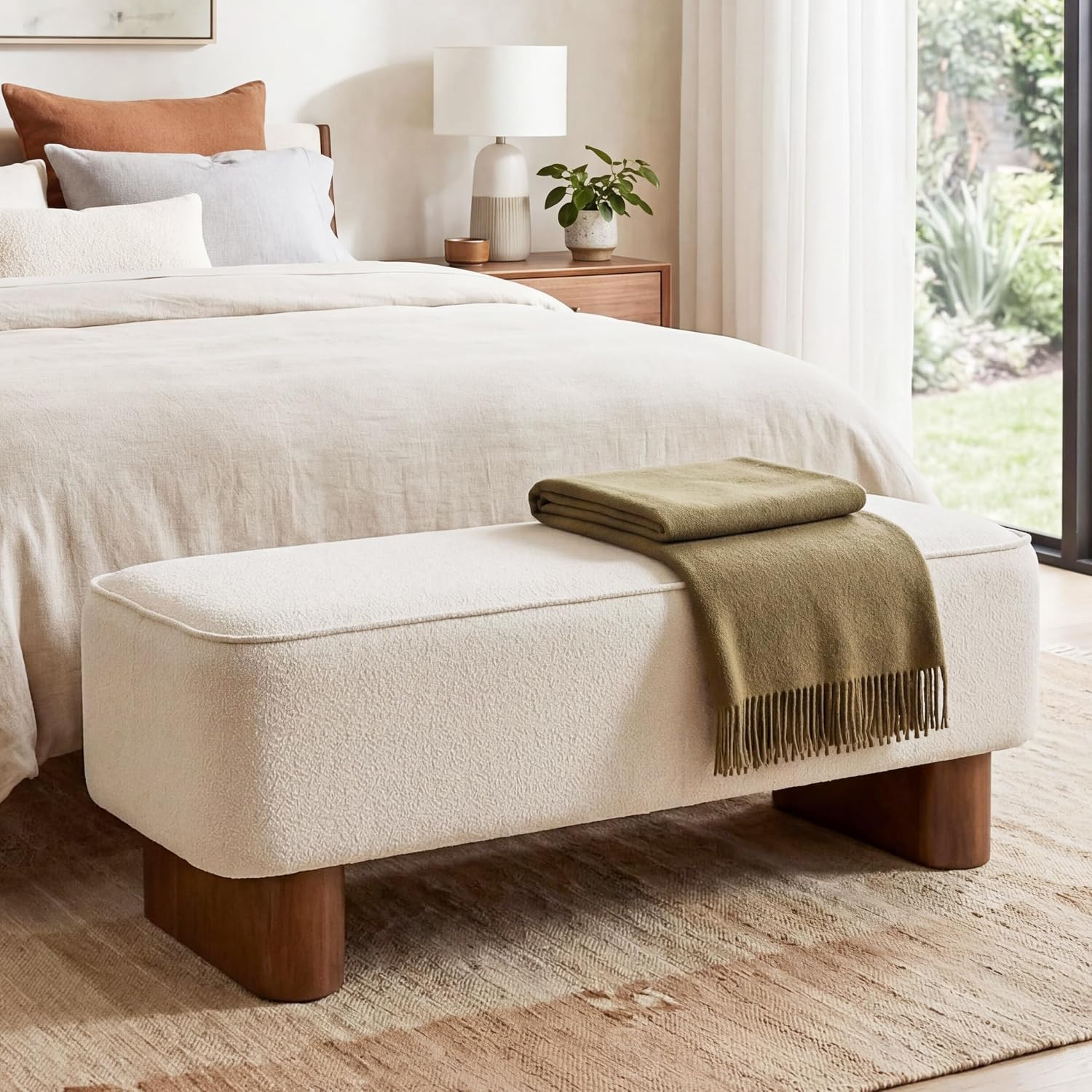 Merax Modern Upholstered Ottoman Bench, Thickly Padded Footrest with Warm Beige Fabric & Brown Rubberwood Legs, Indoor Accent Ottoman for Living Room & Bedroom | Amazon (US)