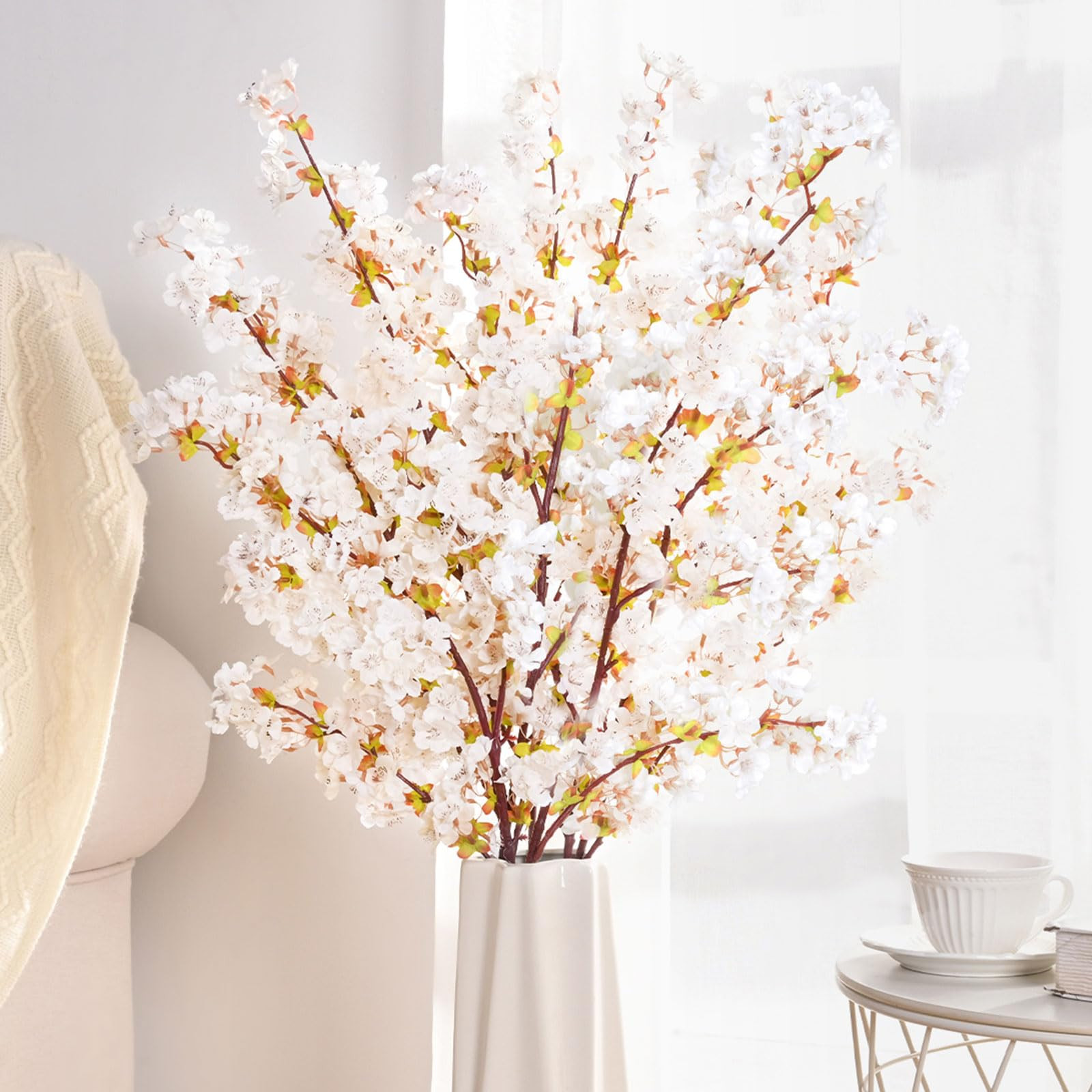 Elyum 3 Pcs Artificial Cherry Blossom Branches, 39.4 Inches White Cherry Blossom Decor Long Stem Artificial Flowers for Tall Vase, Silk Cherry Blossom Tree Stems Spring Home Decor | Amazon (US)