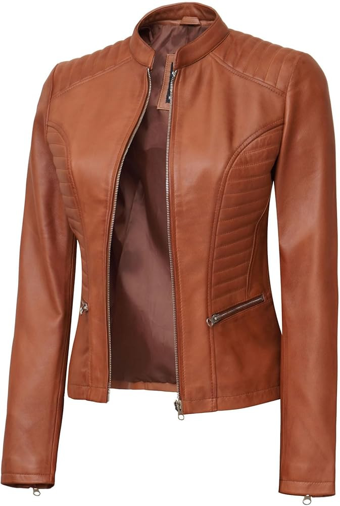 Decrum Real Leather Jacket Women - Cafe Racer Motorcycle Style Leather Jackets Fashion Outfit Clo... | Amazon (US)