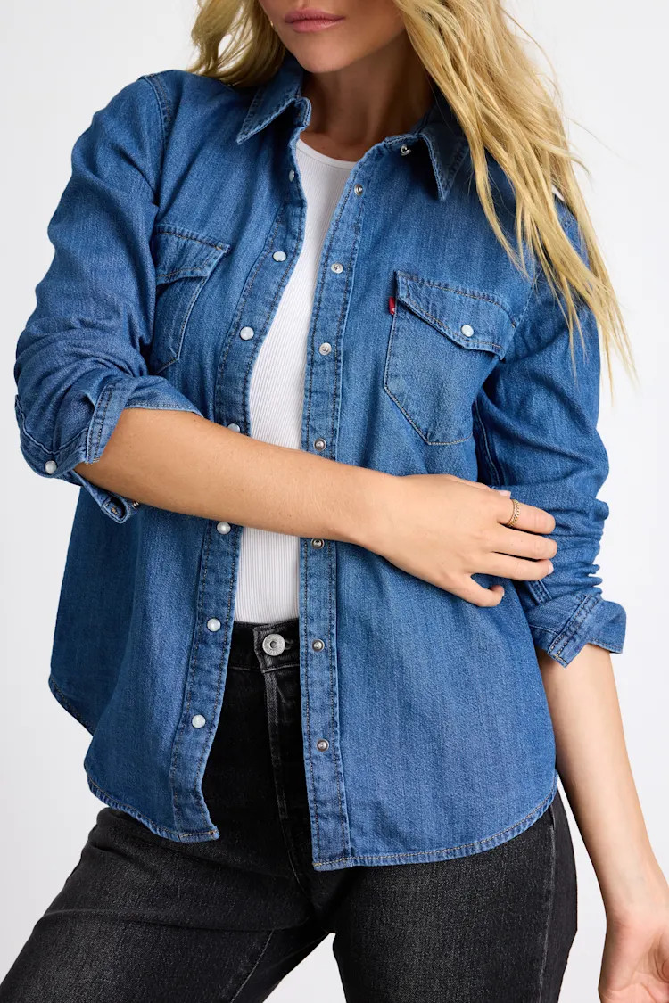 Iconic Medium Wash Chambray Button-Front Long Sleeve Top | Lulus