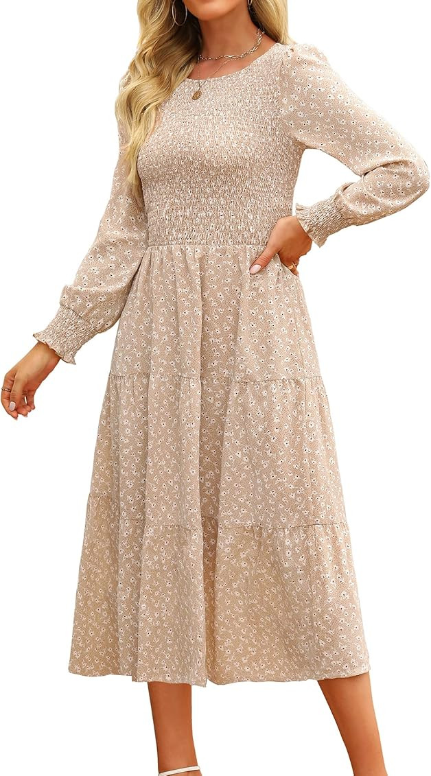 Ellakoko Womens Casual Long Sleeve Midi Dress A Line Spring Floral Smocked Tiered Crew Neck Modes... | Amazon (US)