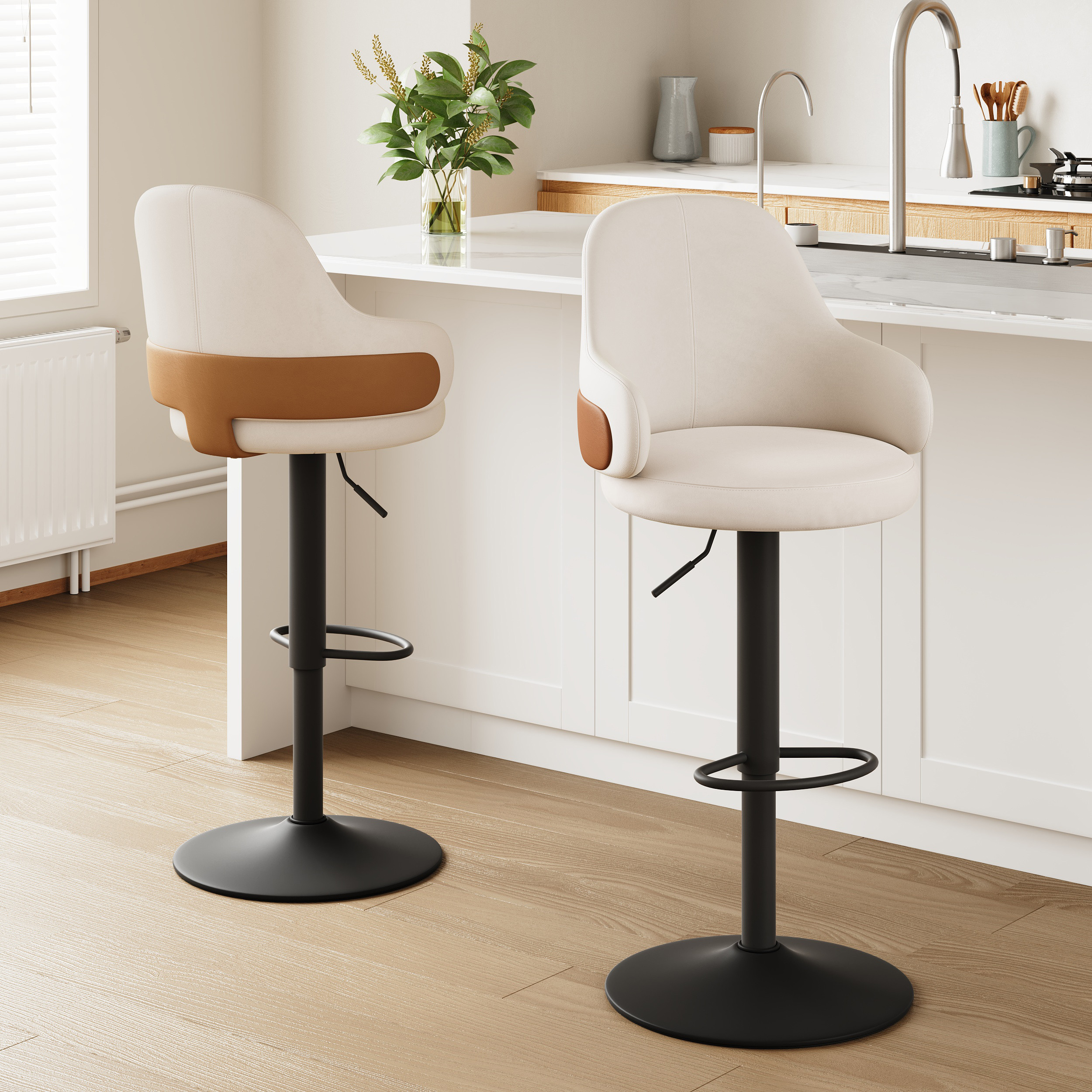 Swivel Bar Stool for Kitchen Island Curved Wing Back White Velvet Adjustable Height | Homary