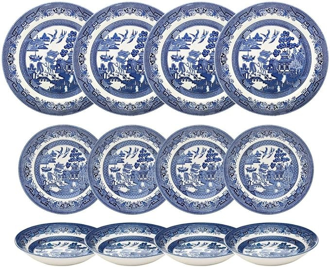 Churchill Blue Willow Dinner Plates, Salad Plates and Coupe Bowls 12 Piece Dinnerware Set, Made I... | Amazon (US)