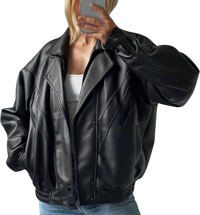 Women's Oversized Black Lambskin Leather Bomber Jacket - Vintage Handmade Blazer Long Coat | Amazon (US)