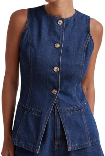 Perbai Women's Crewneck Button Down Denim Vest Tank Top Slim Jean Waistcoat Jacket with Pockets | Amazon (US)