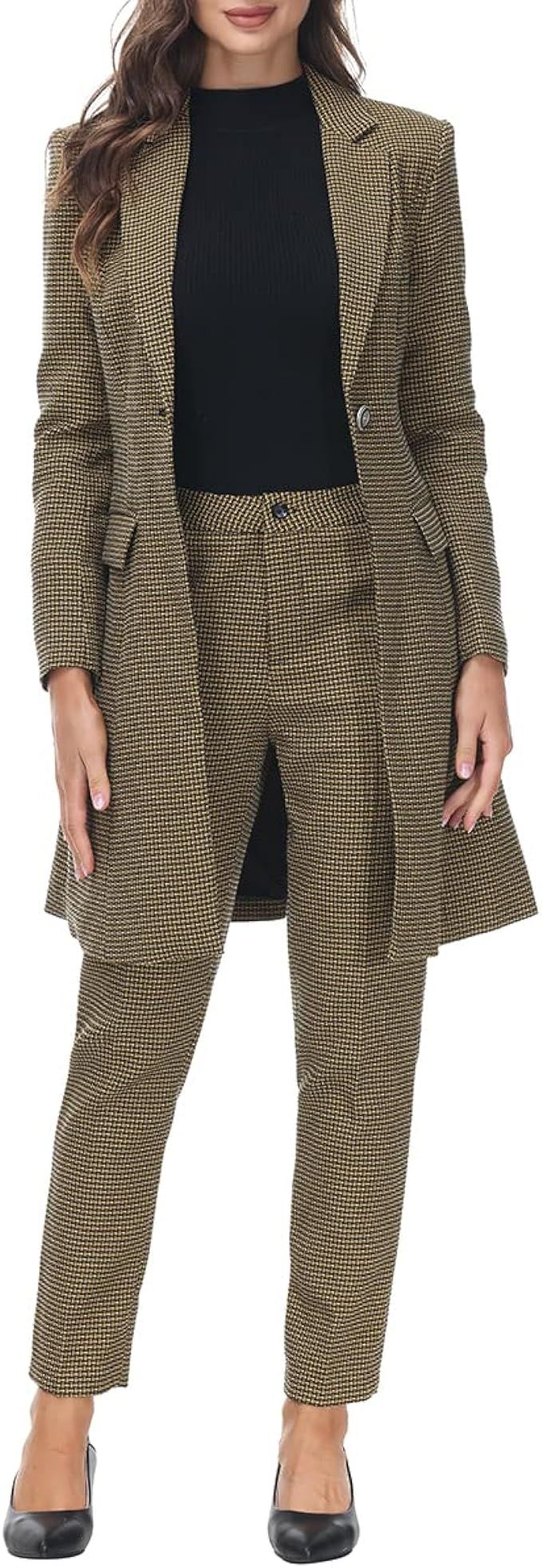 MODFUL Women's 2 Piece Long Blazer with Pants Set Small Plaid Elegant Suit Set for Casual Busines... | Amazon (US)