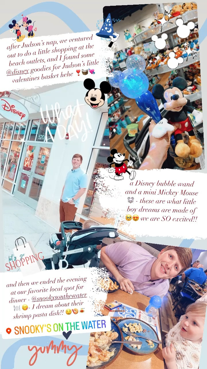 after Judson’s nap, we ventured out to do a little shopping at the beach outlets, and I found some @disney goodies for Judson’s little valentines basket hehe ❣️🧺💘

a Disney bubble wand and a mini Mickey Mouse 🐭 - these are what little boy dreams are made of 🥹😍 we are SO excited!! 

and then we ended the evening at our favorite local spot for dinner - @snookysonthewater 🍽️ 😋- I dream about their shrimp pasta dish!! 🤤🍤🍝 

#LTKfamily #LTKbaby #LTKSeasonal