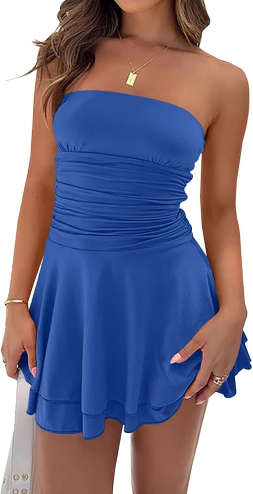 Women Sexy Tube Top Silk Dress Strapless Ruched Basque Waist Ruffle Layer Mini Dress Jumpsuit Par... | Amazon (US)