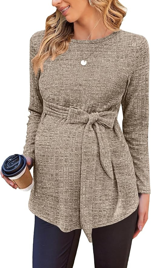 Ekouaer Women's Maternity Shirts Long Sleeve Pregnancy Tops Casual Ribbed Knit Winter Pregnant Bl... | Amazon (US)