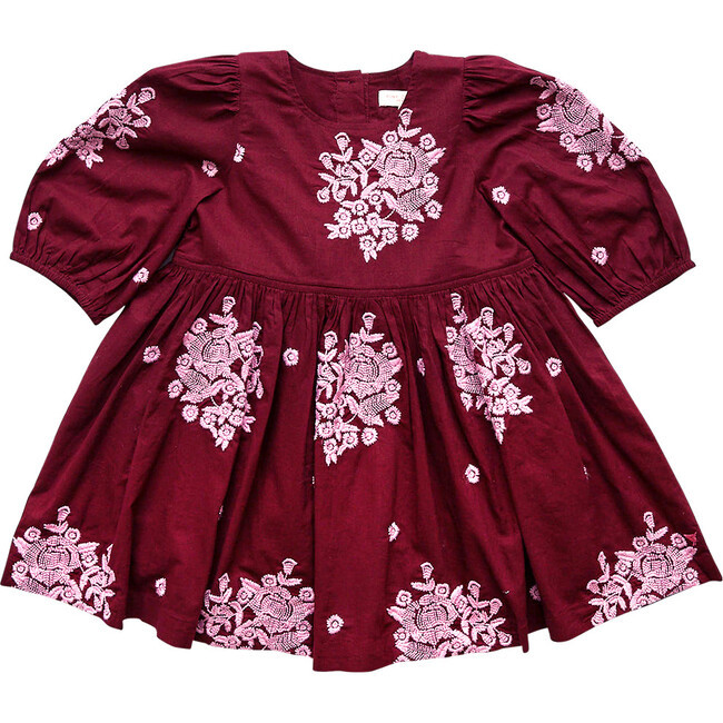 Girls Brooke Dress, Burgundy Embroidery | Maisonette