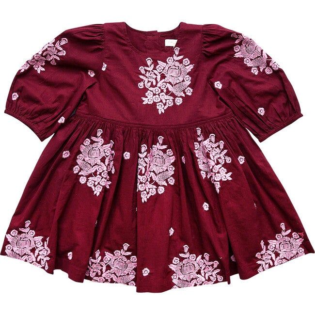 Girls Brooke Dress, Burgundy Embroidery | Maisonette