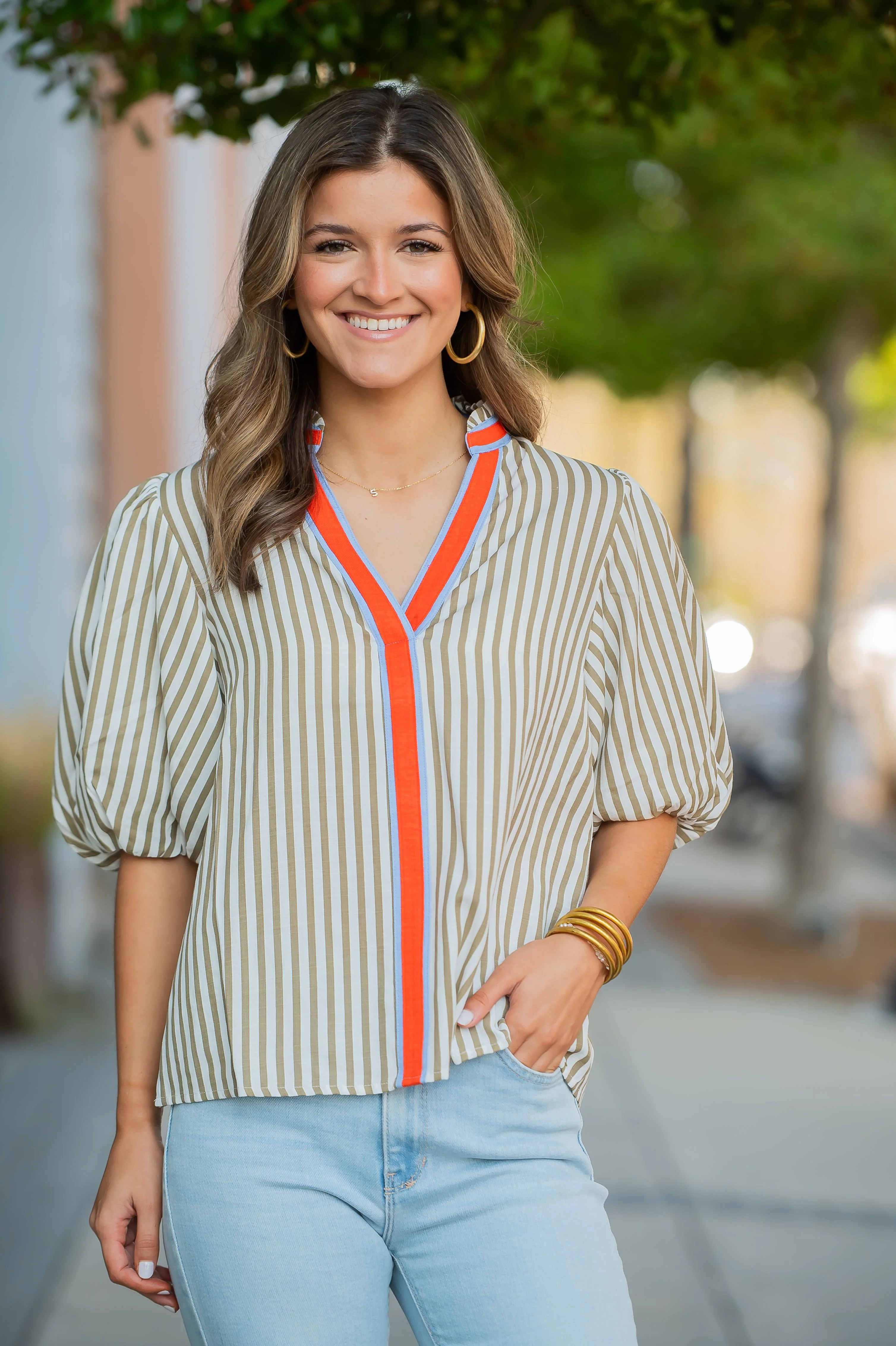 Pauline Puff Sleeve Striped Top | Caroline Hill
