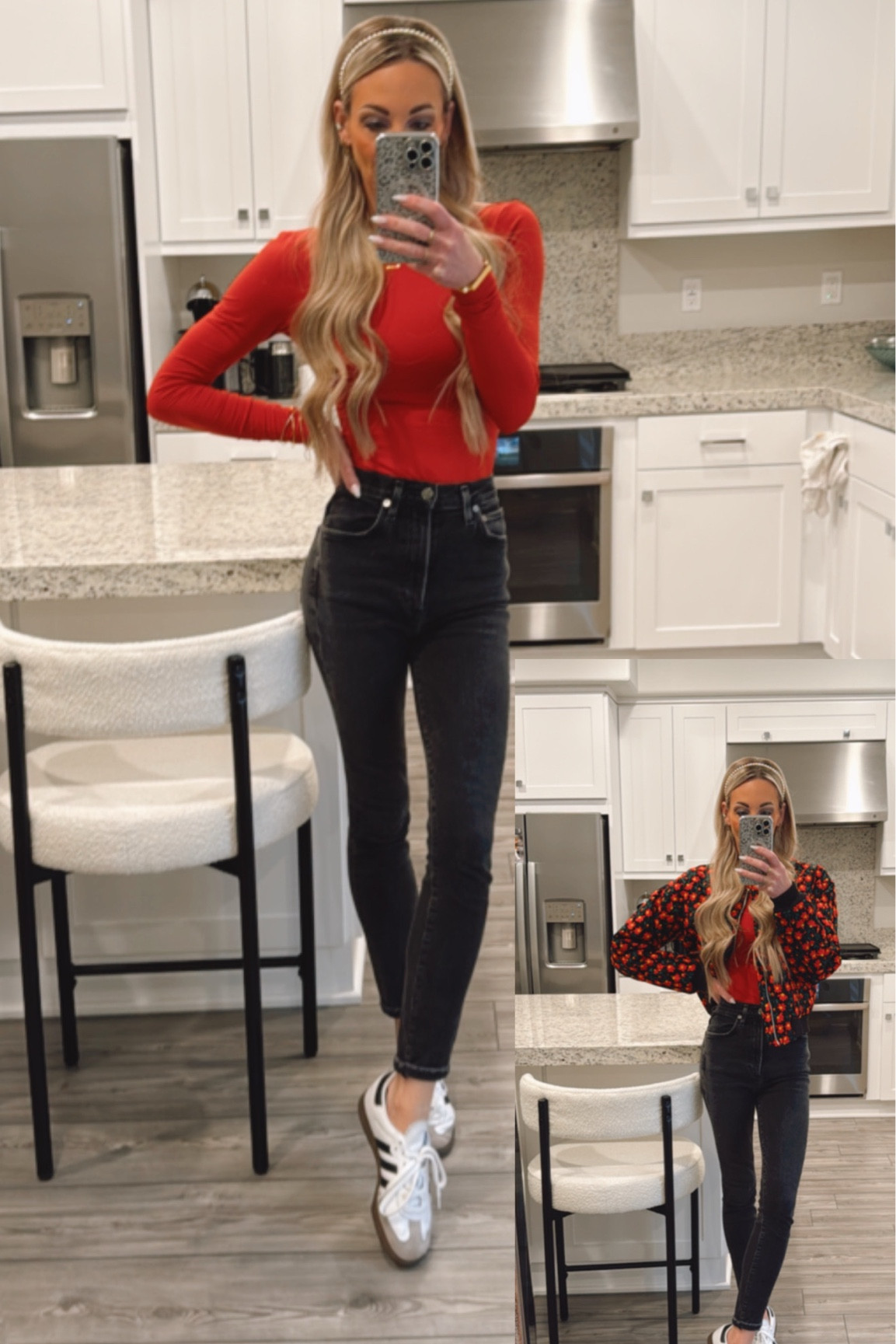 Red long sleeve top, black denim embroidered bomber jacket

#LTKFindsUnder50 #LTKFindsUnder100 #LTKStyleTip