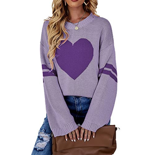 Mxiqqpltky Heart Print Sweater for Women Long Sleeve Crewneck Valentine Knitted Pullover Love Sweater Y2K Tops (Purple, L) | Amazon (US)