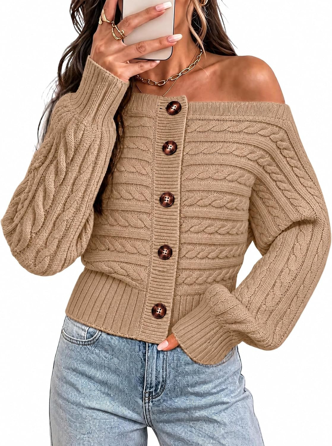 Cicy Bell Women Off The Shoulder Sweater Long Sleeve Button Knit Pullover | Amazon (US)