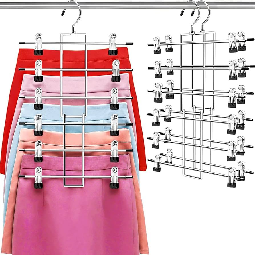 Pants Hangers with Clips,Space Saving Hanging Closet Organizer-6 Tiers Skirt Hangers with 360° S... | Amazon (US)