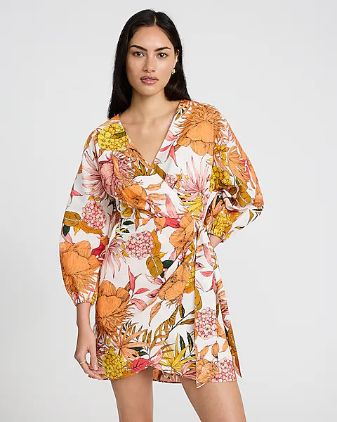 Floral Linen-blend V-neck Long Sleeve Tie Wrap Mini Sheath Dress | Express
