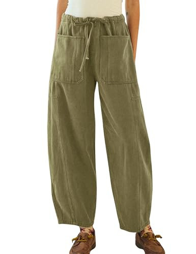 InterNos Women's Trendy Barrel Pants Wide Leg Mid Waisted Trousers Adjustable Drawstring Baggy Pants with Pockets(1016-OliveGreen-S) | Amazon (US)