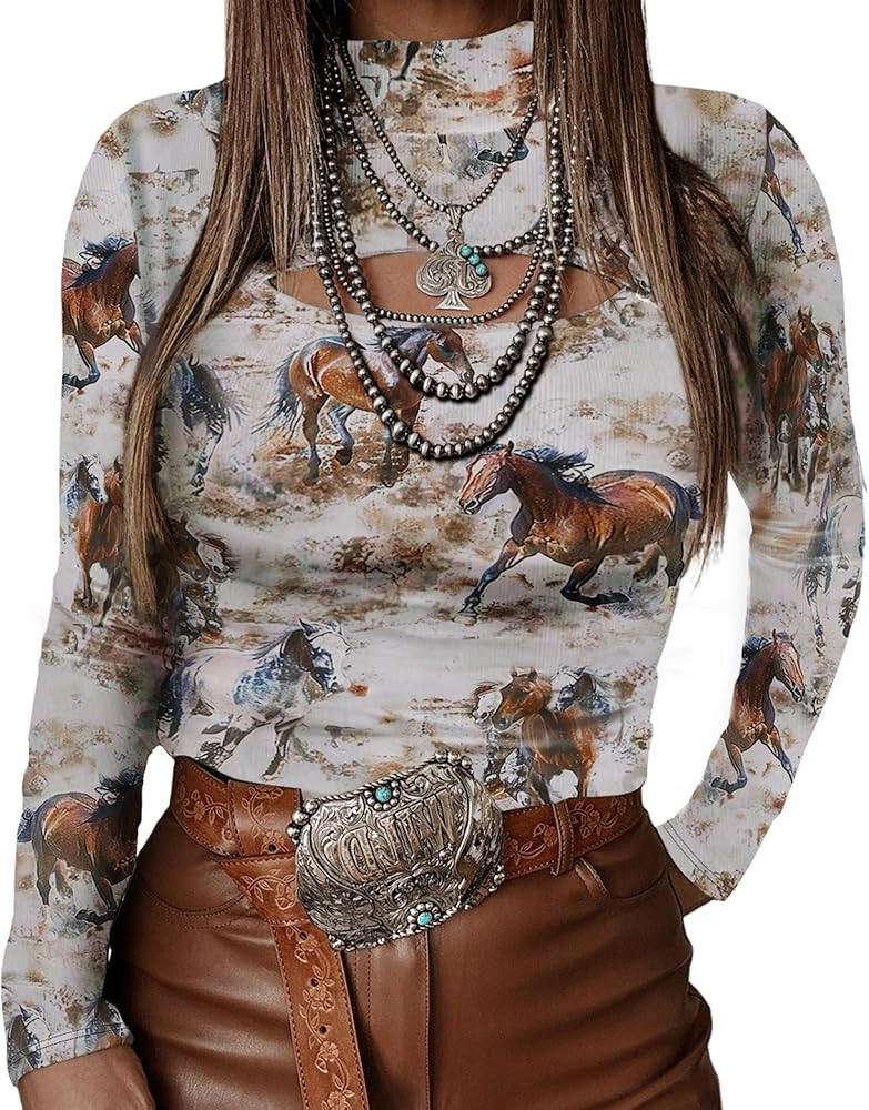 Urchics Womens Long Sleeve Shirts Western T-Shirt Slim Fit Hollow Out High Neck Y2k Tops Tee | Amazon (US)