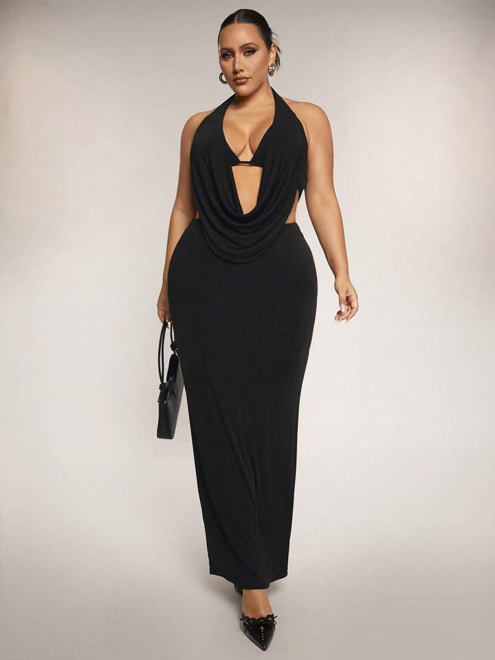 SHEIN BAE Plus Size Women's Street Style Black Draped Neck Top, Long Split Hem Skirt, Two-Piece Set Suitable For Daily, Commuting, Going Out, Dates, Afternoon Tea, Vacations | SHEIN