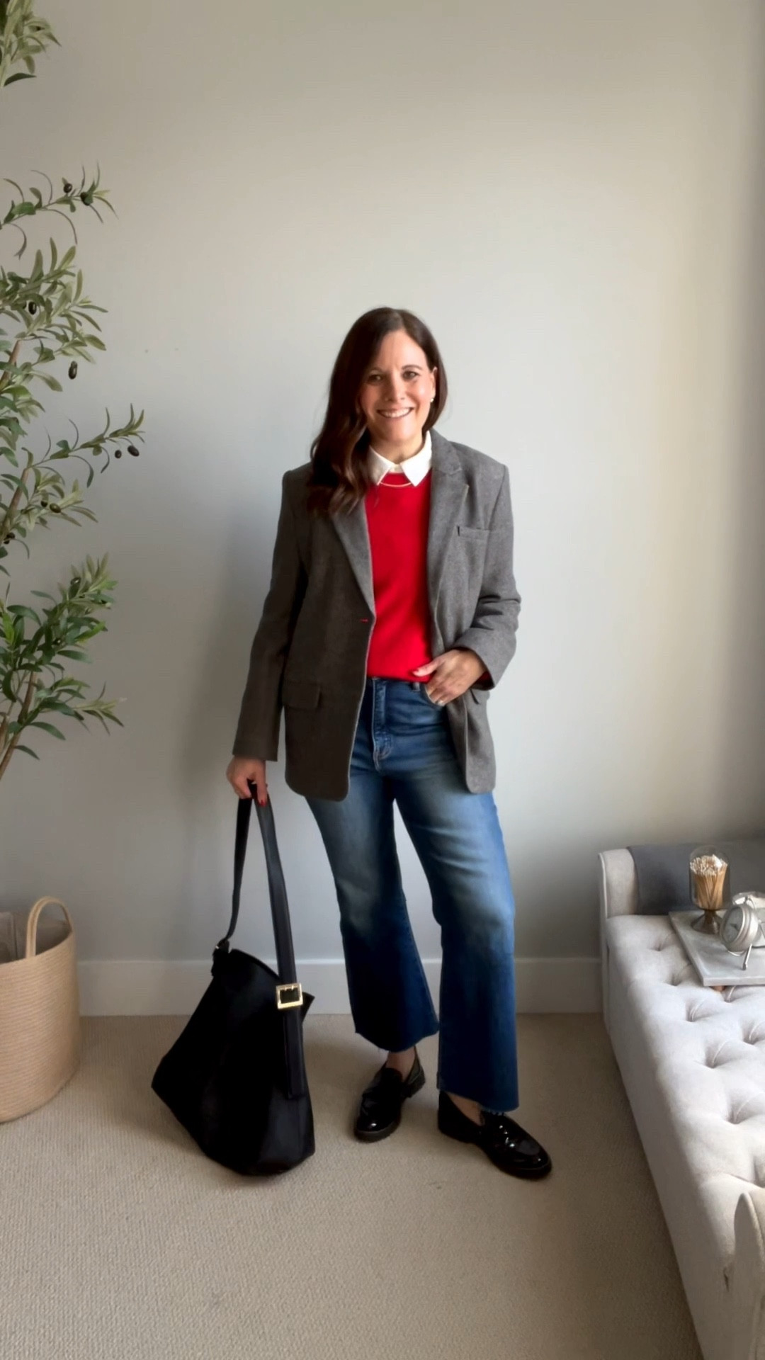 Size up in this cream jersey button up shirt from LOFT. I’m in a large. These Risen kick crop jeans fit true to size. I am in a medium of this Quince Italian wool blazer. 

#LTKWorkwear #LTKOver40 #LTKMidsize