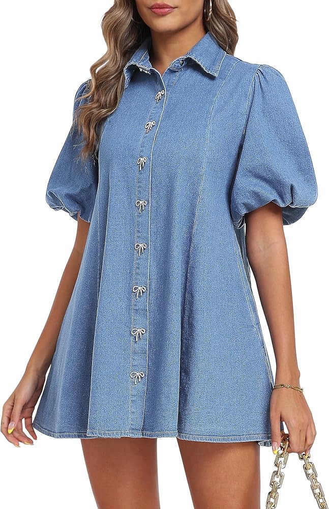 Denim Dress for Women, Puff Short Sleeve Jean Dress Mini Denim Romper with Pockets | Amazon (US)