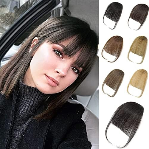 100% Human Hair Clip in Bangs,Women Air Thinning Curtain Flat Brown Black Bangs, Natural Curved Wispy Bangs,Faux fake Bangs | Amazon (US)