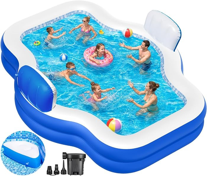 Inflatable Swimming Pool with Seat Pump, 121" X 90" X 22" Blow-Up Pool for Kids Adults Oversized ... | Amazon (US)
