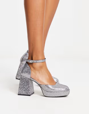 Monki platform square toe heeled shoes in silver glitter | ASOS (Global)