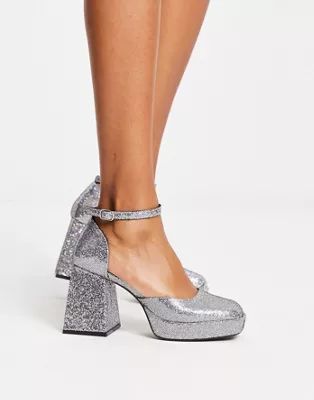 Monki platform square toe heeled shoes in silver glitter | ASOS (Global)