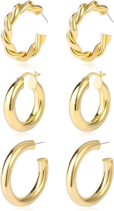 6 Pairs Gold Chunky Hoop Earrings Set for Women Hypoallergenic Thick Open Twisted Huggie Hoop Jew... | Amazon (US)