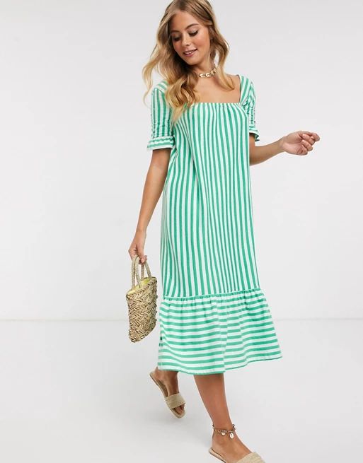 ASOS DESIGN square neck frill sleeve midi dress with pep hem in green stripe | ASOS US