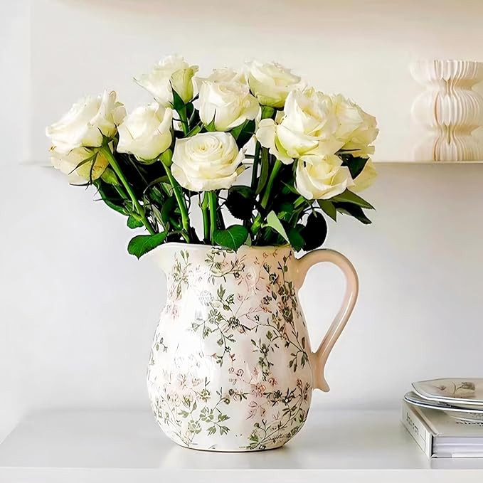 Vintage White and Green Floral Ceramic Vase with Handle, Retro Ice Glazed Crack Farmhouse Pitcher... | Amazon (US)