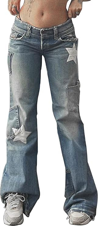 Women's Y2K E-Girl Jeans Casual Star Print Pants Classic Straight Leg Trousers | Amazon (US)