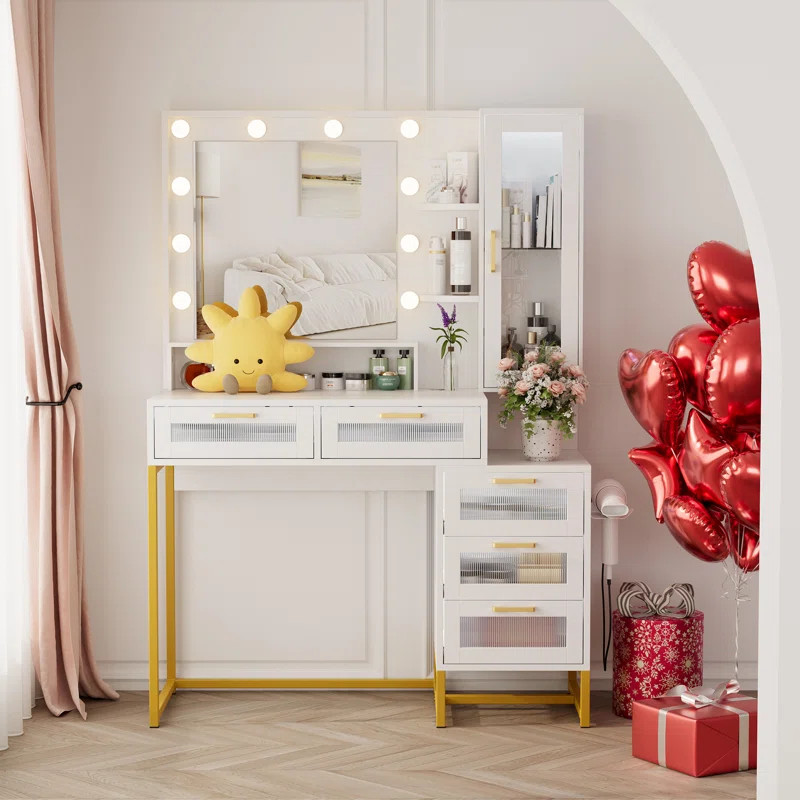 Everly Quinn Shaune 39.4''W Makeup Vanity, Vanity Desk with LED Light, Big Mirror and Charging St... | Wayfair North America