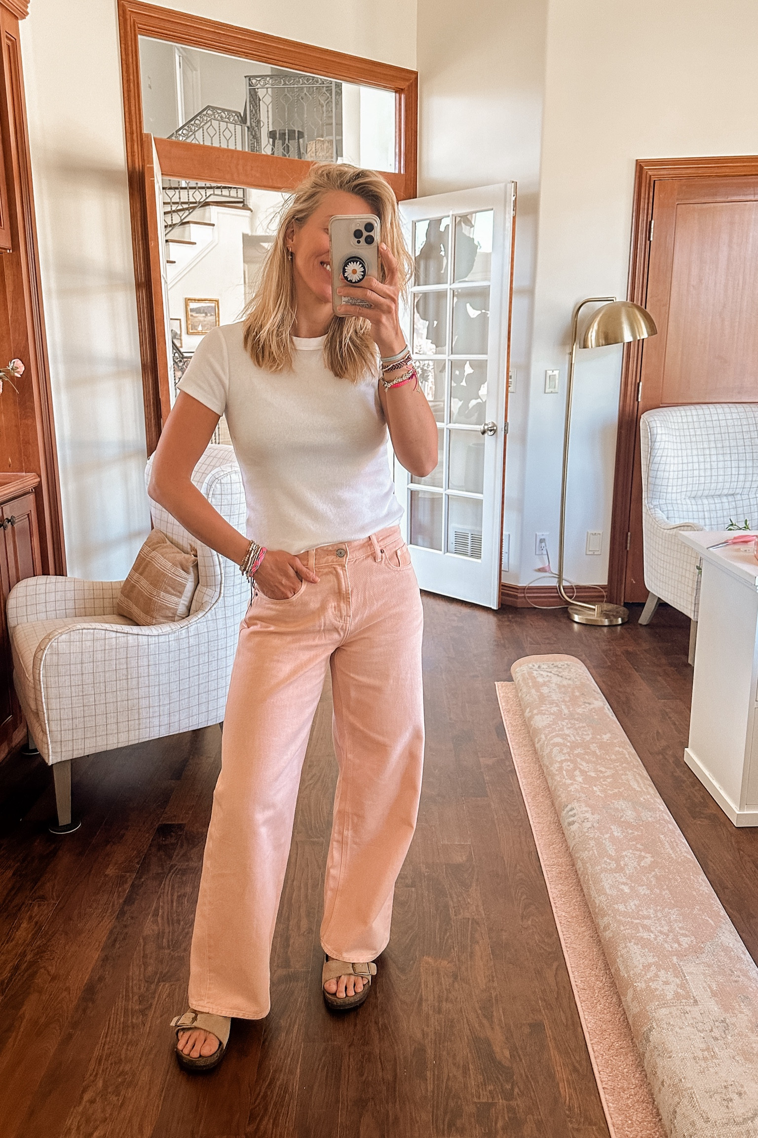 Peach colored pants from Old Navy. Wearing my normal size. 

Spring outfit, ootd