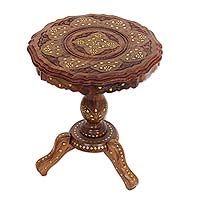 Brass inlay wood table, 'Ivy Star' (India) | Novica
