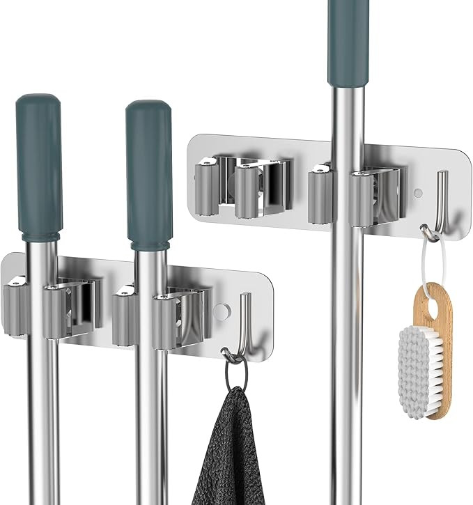 Mop Broom Holder Wall Mounted SUS304 Stainless Steel, Mop Broom Organizer with 2 Installation Met... | Amazon (US)