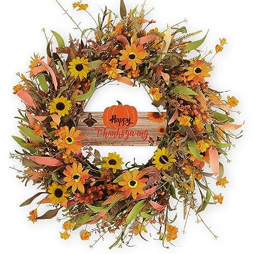 JINGHONG Fall Wreaths for Front Door 22 Inch Artificial Fall Wreath Floral Autumn Wreath for Outside Door Harvest Thanksgiving Day Celebration | Amazon (US)