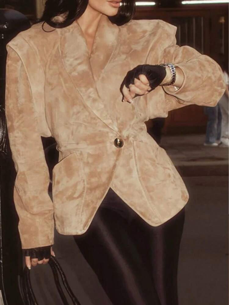 Women's Single-Breasted Casual Faux Suede Jacket, Fashion Padded Shoulder Long Sleeve Lapel Slim Fit Coat, New Autumn/Winter High Street Style | SHEIN