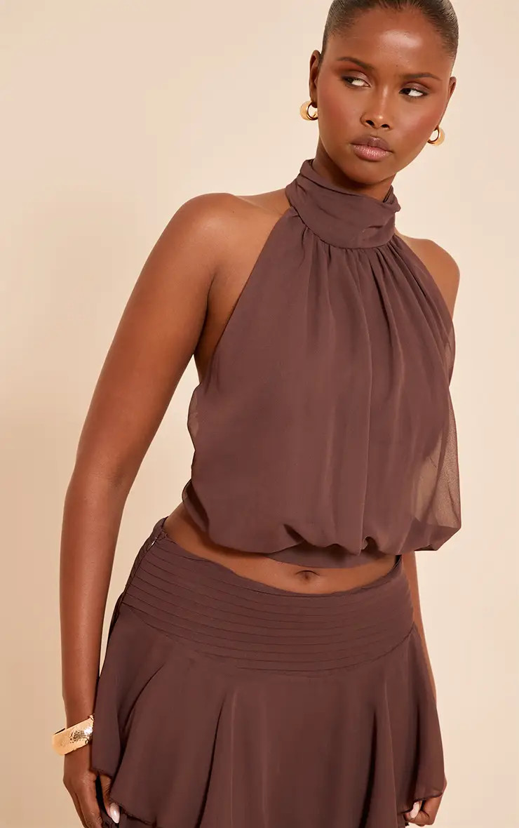 Chocolate Chiffon Ruched High Neck Top Co-ord | PrettyLittleThing UK