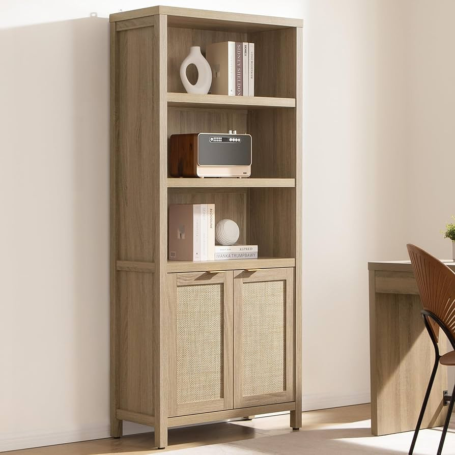 SICOTAS Bookcase 71" Tall Bookshelf 5 Tier Rattan Boho Bookcase with Doors Storage Large Book Cas... | Amazon (US)