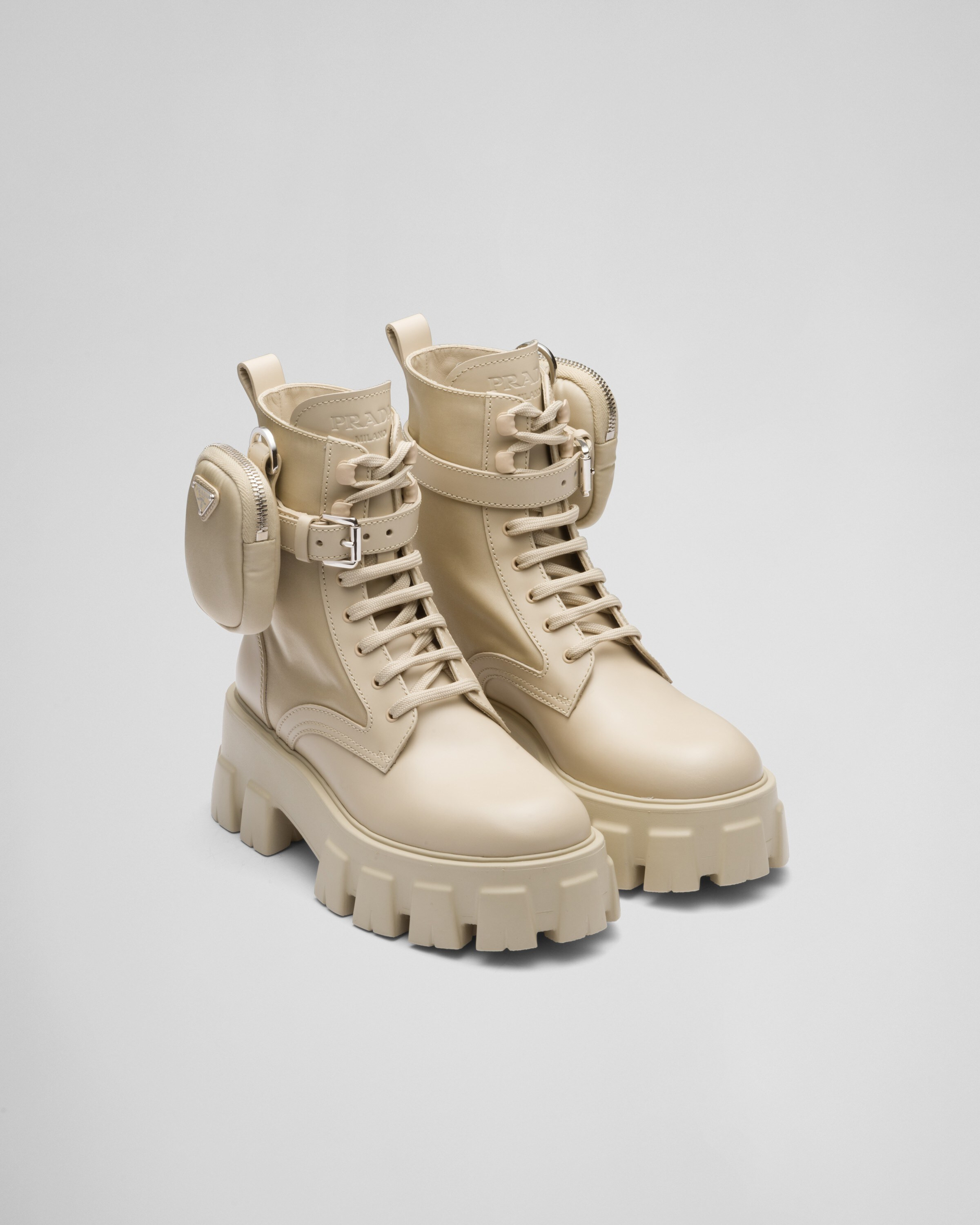 Monolith leather and Re-Nylon boots with pouch | Prada Spa US