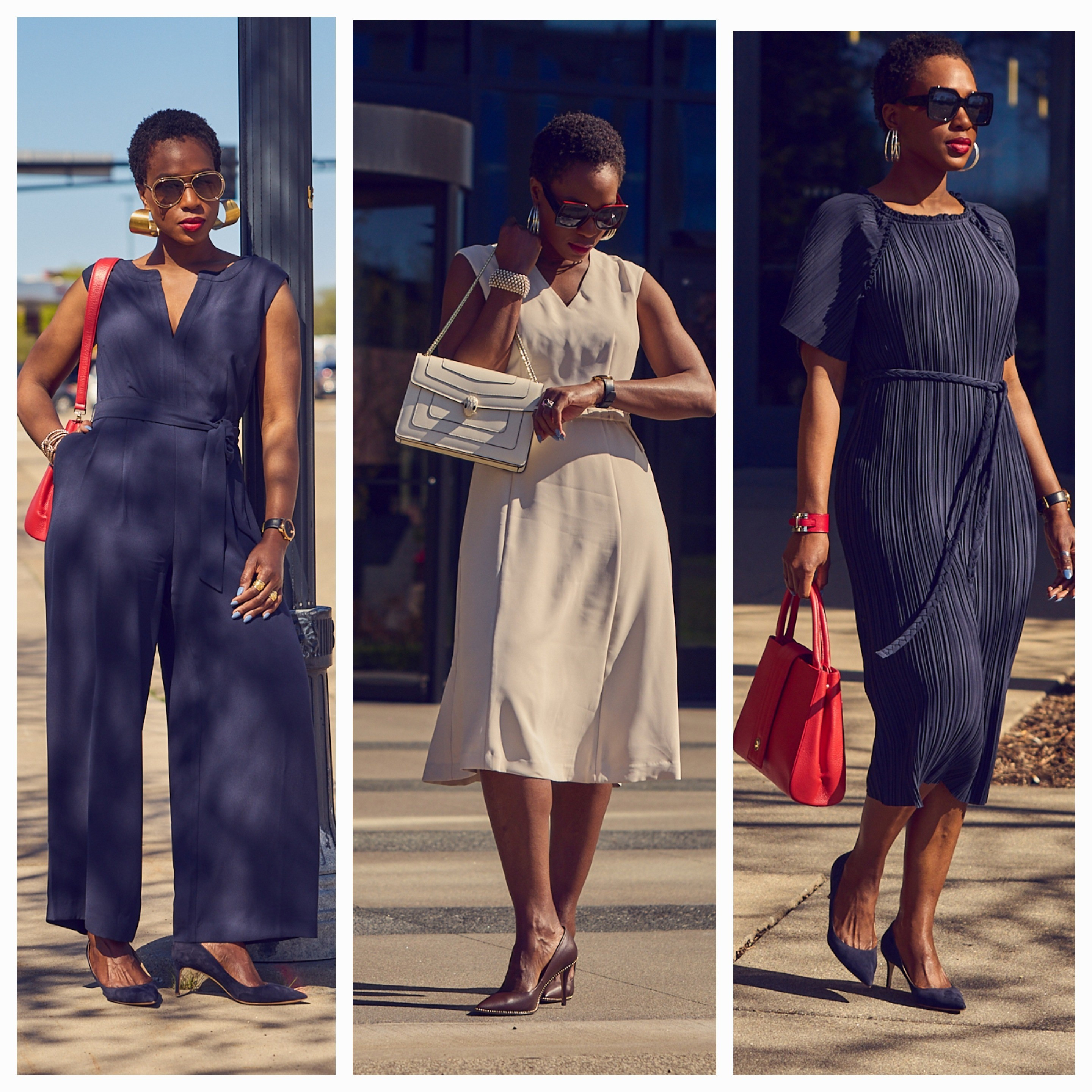 You just can't go wrong with classic dresses and jumpsuits! These navy blue and off-white picks make the perfect, one-piece outfits for office wear and beyond! All fit TTS. Bonus: they're currently under $100! Work dresses, workwear style, dress outfits, jumpsuits, Ann Taylor, Spring Summer dresses, M.Gemi

