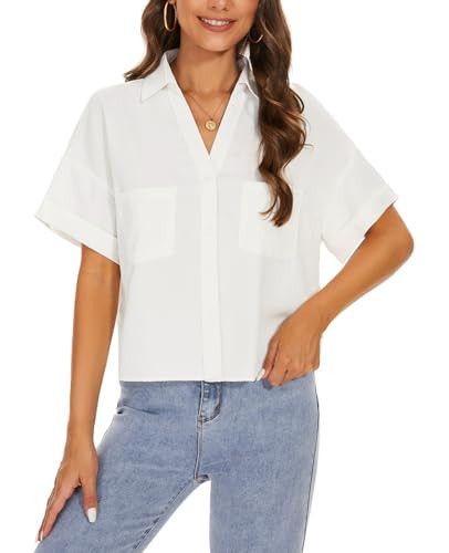 MINTLIMIT Womens Button Down Crop Tops Casual Short Sleeve White Cropped Shirts Solid Lapel Blouse Shirt with Chest Pocket,M | Amazon (US)