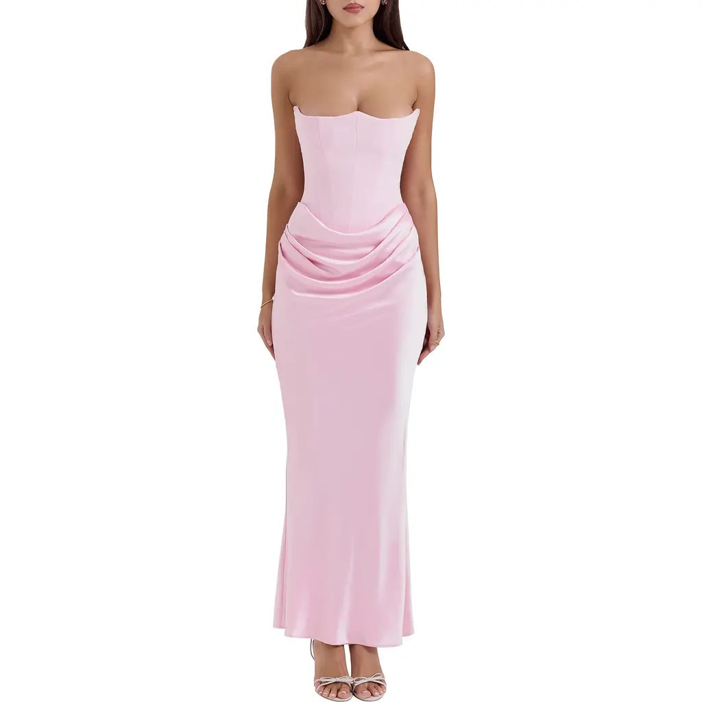 HOUSE OF CB Persephone Strapless Corset Satin & Stretch Crepe Mermaid Gown in Rose Shadow at Nordstrom, Size X-Large A | Nordstrom