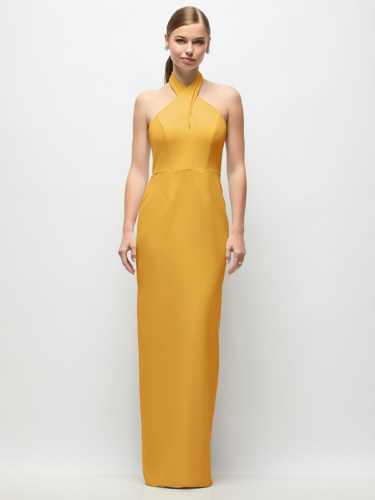 Criss-Cross Halter Open-Back Crepe Column Maxi Dress in NYC Yellow | Dessy Group