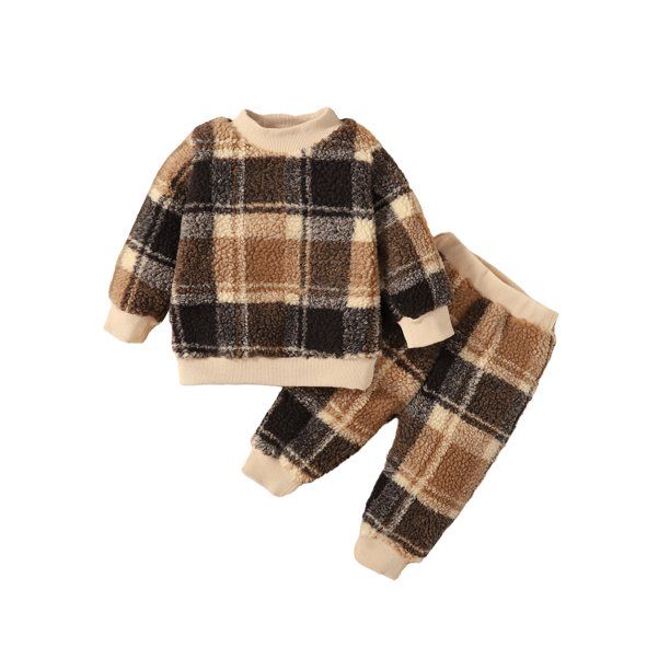 2 Pcs Toddler Baby Boys Girls Winter Outfits Sherpa Fleece Long Sleeve Plaid Sweatshirt + Trouser... | Walmart (US)